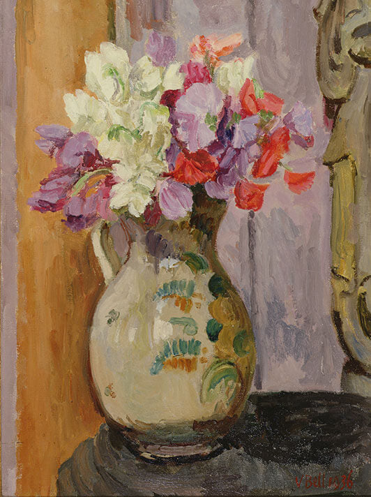 Sweet peas in jug with Indian Bhodisattva by Vanessa Bell