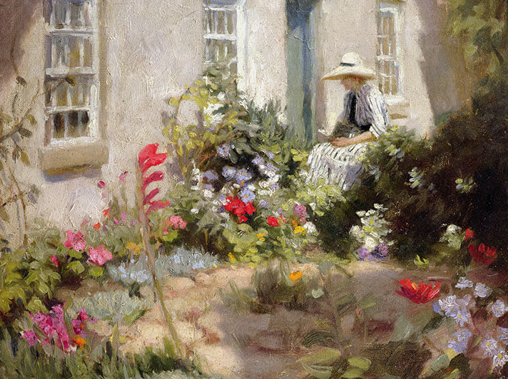 Woman Reading in a Garden by Harold Harvey