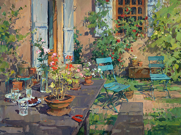 Terrace with Green Chairs, Burgundy by Susan Ryder